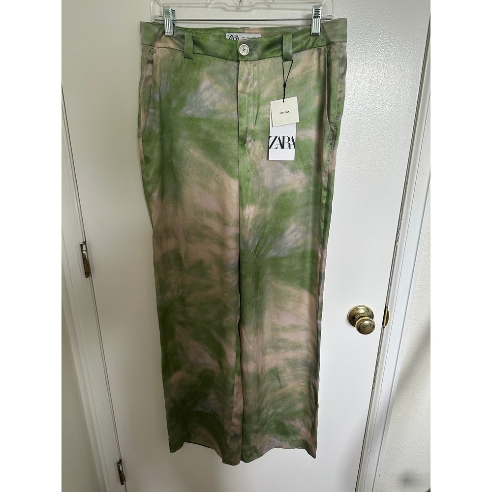Zara Women Green Tie Dye 100% Silk Wide Leg Trousers Pants Large NWT